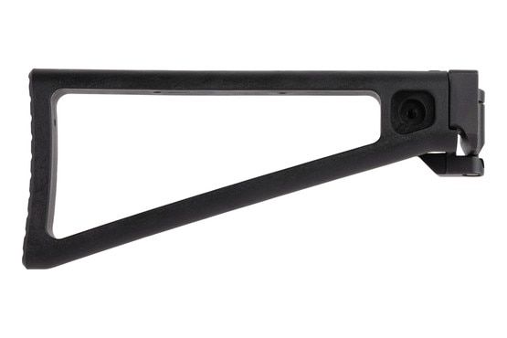 Black folding stock with sling swivel.
